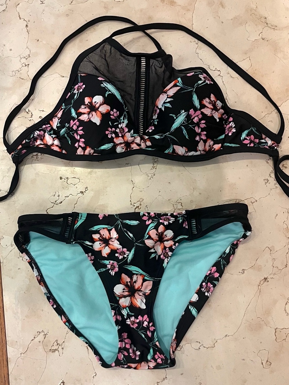XHILARATION Black Floral Bikini with Pink & Teal Accents